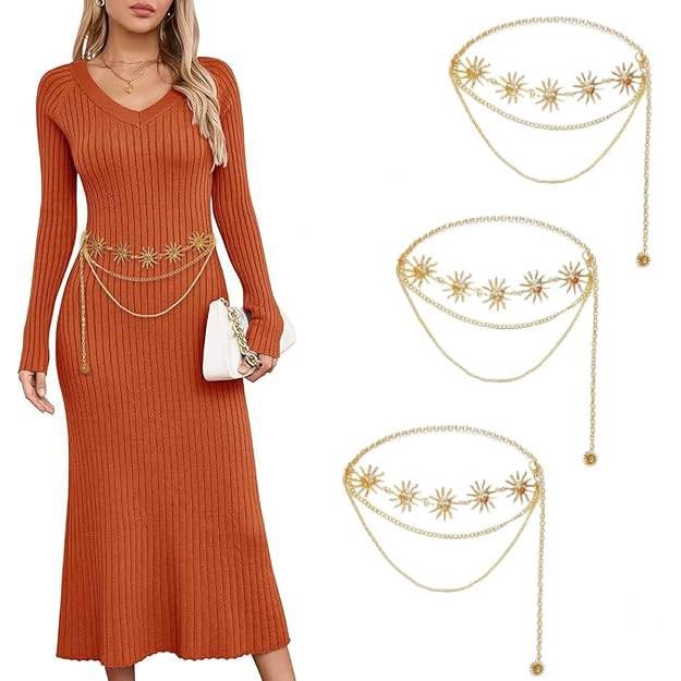 SANNIDHI® Waist Chain for Women Saree Belt Dresses Sun Element Body Chains Fashion 3 Layers Metal Gold Matched with Suits Jeans Shirts Dress 3 PCS