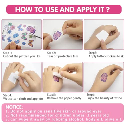 MAYCREATE® Tattoo Sticker for Girls 12 Sheets Kit, Butterfly Temporary Tattoo Stickers for Kids, Glittering Fairy Fake Tattoos, Waterproof Charming Makeup Body Arm Face Stickers