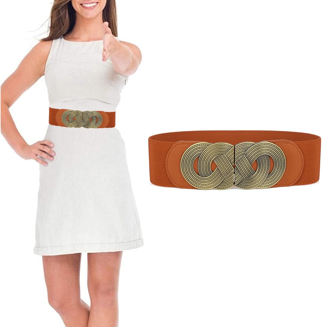 Zibuyu Waist Belts for Women featuring 7.48 in interlocking buckle and light brown elastic | ideal for dresses and jeans