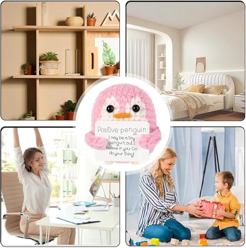 ZIBUYU® Handmade Crochet Penguin Desk Decor with Positive Message Card Cute Motivational Toys Gift for Office Home Baby Nursery Pink 3 PCS