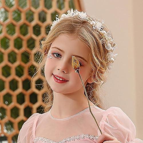 Venzina® Flower Crown for Girls Pearl Crystal Tiara Crown Hairband for Girls Women Stylish Floral Princess Hair Band for Girls Kids, Gold Party Dress Up Wedding Bridal Headband