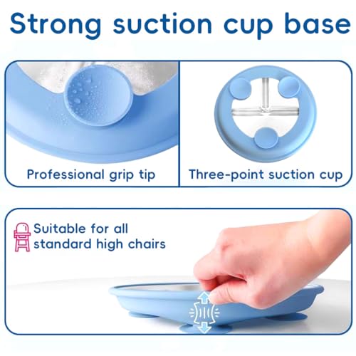 HASTHIP® Kids Food Plate with Suction Cups 9 Inch Round 3 Compartment Stainless Steel for Toddlers Self-Feeding Training Anti-flip Shallow Breakfast Bread Snack 3PCS
