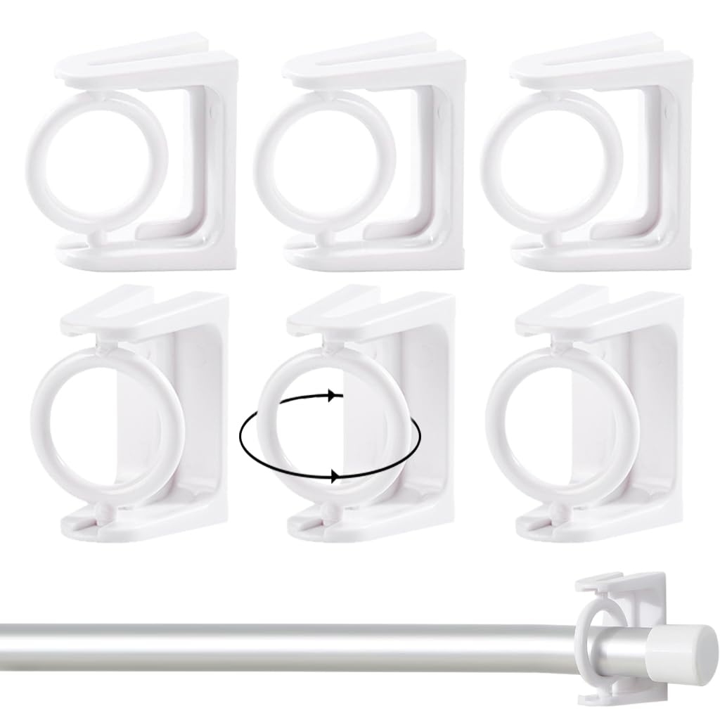 HASTHIP® 6Pcs Round Hook Rotating Curtain Rod Bracket, Wall Mounted Rod Holder for Towel Bar Wardrobe Rod, Self Adhesive Rod Hanger for Shower Curtain Rod, Tier Curtains Rod, Tier Drape Rod