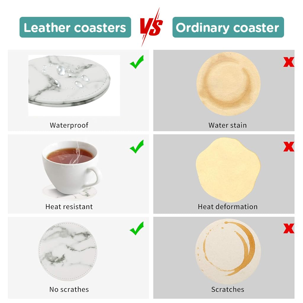 HASTHIP Leather Coasters for Drinks with Holder featuring Non Slip Cork Base | 6Pcs 3.9 in Marble Design