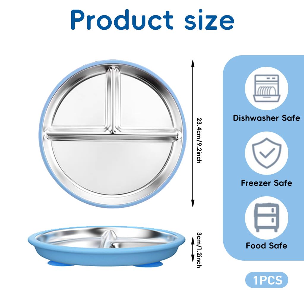 HASTHIP Kids Food Plate for Toddlers with Suction Cups 9 Inch 3 Compartment Stainless Steel | 2PCS