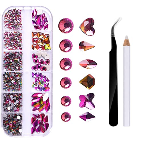 MAYCREATE® Nail Art Rhinestones Kit Purple Rhinestones Geometry Shape Flatback Glitter Round Bead with Pickup Pen Tweezer for DIY Manicure Craft Decoration Nail Art Salon