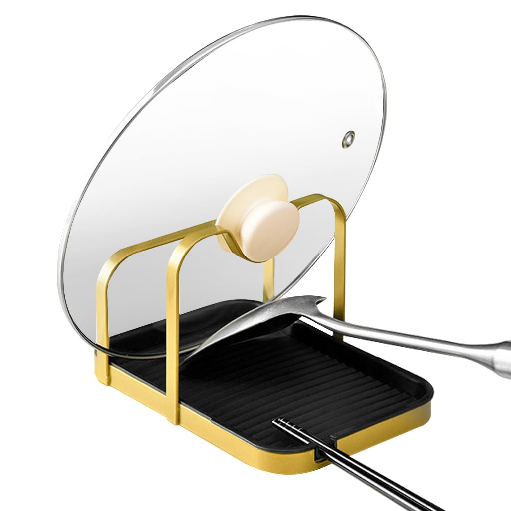 HASTHIP Spoon Rest Pot Lid Holder for Kitchen Organization with Detachable Drain Tray 20x13.8x11.5cm featuring Metal Dual Golden Black Design