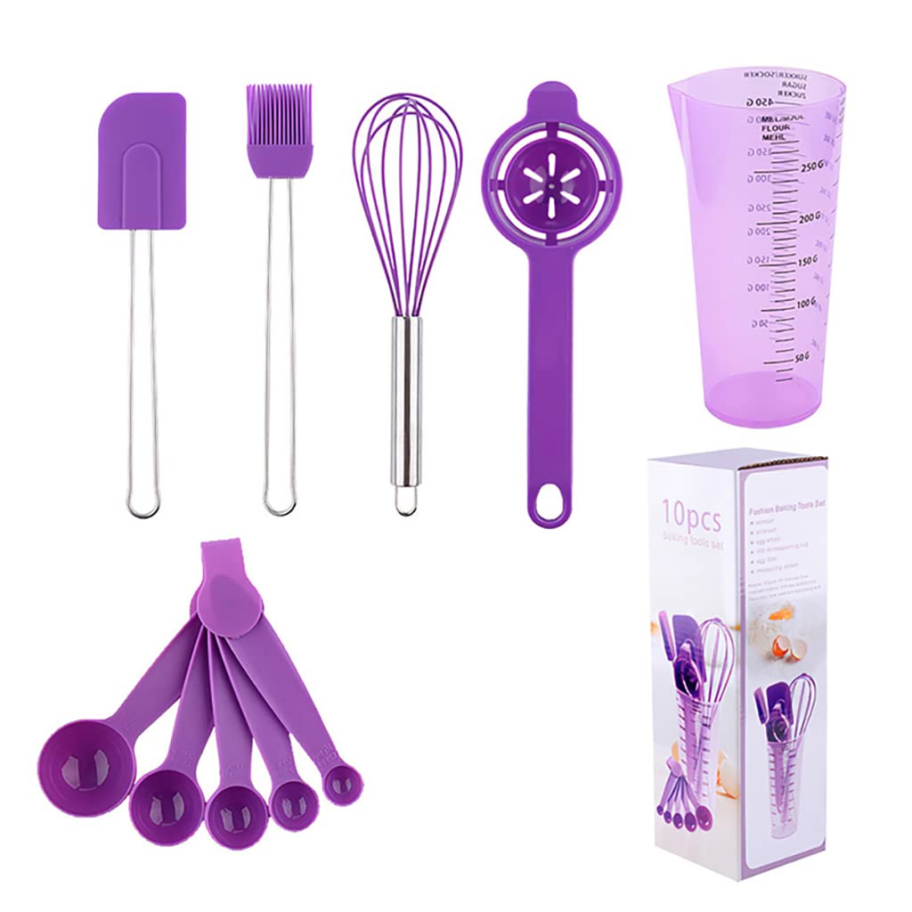 HASTHIP® 10Pcs Measuring Spoons Cups Silicone Kitchen Utensils Spoon Set, Include Egg Strainer, Oil Brush, Scraper, Egg Beater, Silicone Cooking & Baking Tool, BPA-Free, Dishwasher Safe (Purple)