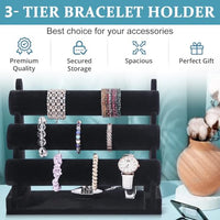 MAYCREATE® Bracelet Organizer 3-Tier Bracelets Holder Jewelry Display Stand for Watch, Bangle, Bracelet - Detachable Velvet Desk Showcase Storage Rack, Black