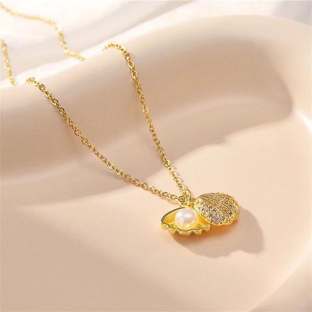 Zibuyu Oyster Pearl Necklace for Women with Openable Seashell Pendant and Rhinestones | Elegant Gift Jewelry