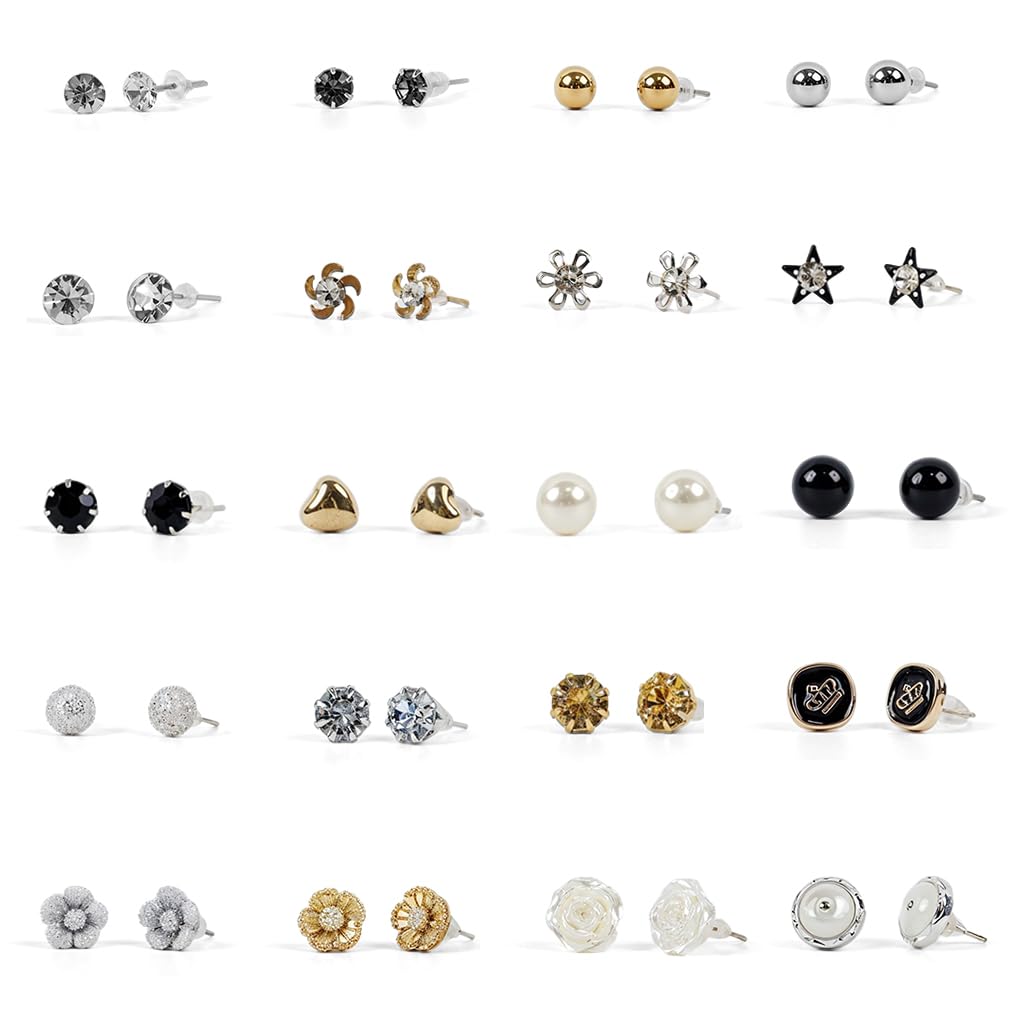 SANNIDHI Earrings Set for Women with 20 Pairs Crystal and Pearl Studs | Hypoallergenic Gift Combo