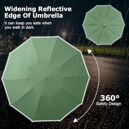 PALAY® Auto 3-Fold Large Umbrella with Reflective Strip 50 Inch Compact Travel Umbrella One-Touch Open Close Reinforced 10 Dual Ribs Sun Protection 99 Percent UV Rain Windproof for Men Women Green X 2