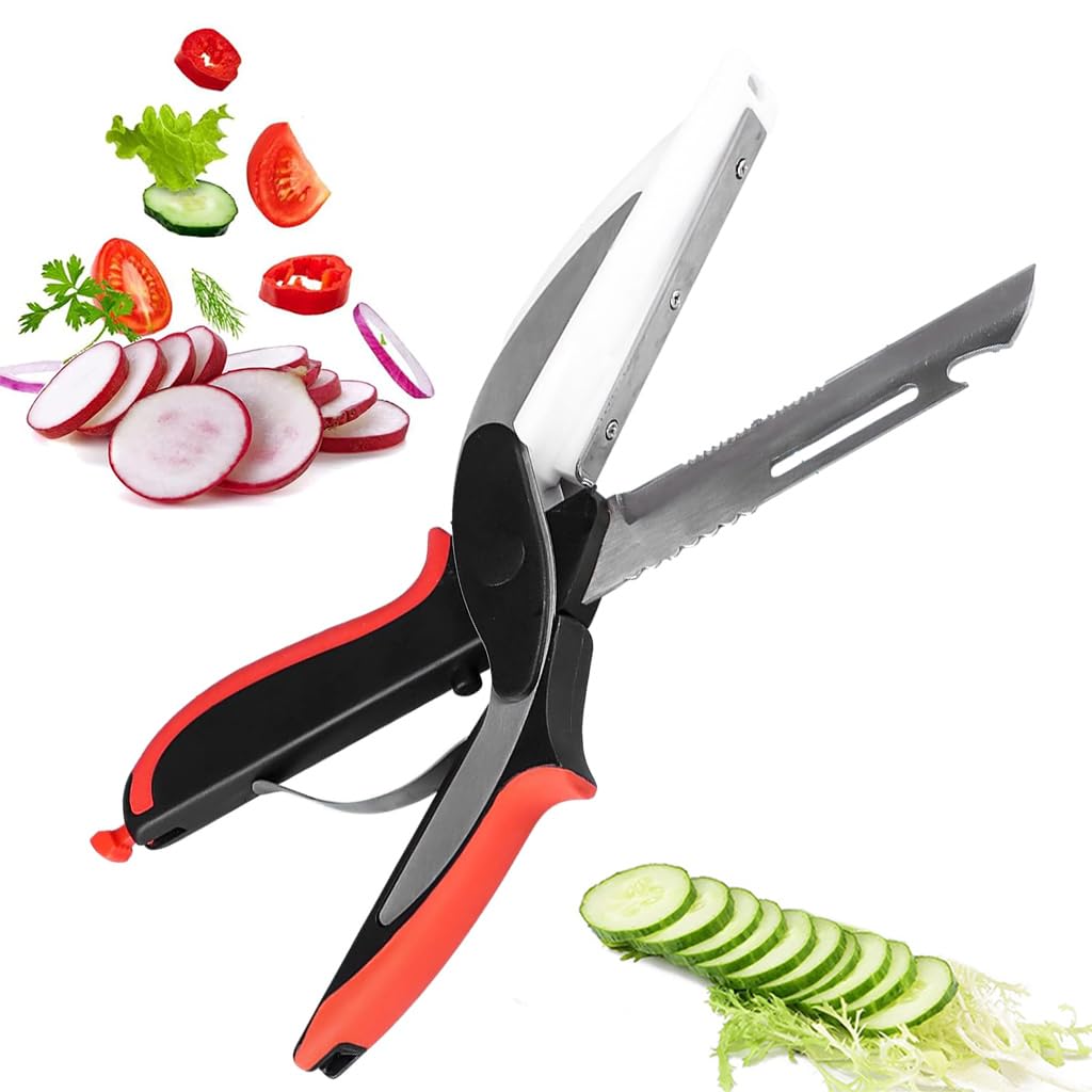 HASTHIP® Vegetable Scissors, Food Cutter Choppers Meat Scissors Kitchen Shears, Quick Vegetable Slicer with Cutting Board Knife Kitchen Must Haves Chopping Scissors for Kitchen