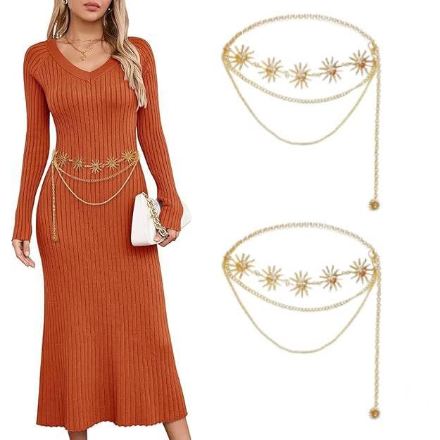 SANNIDHI® Waist Chain for Women Saree Belt Dresses Sun Element Body Belts Fashion 3 Layers Metal Gold Matched with Suits Jeans Shirts Dress 2 PCS