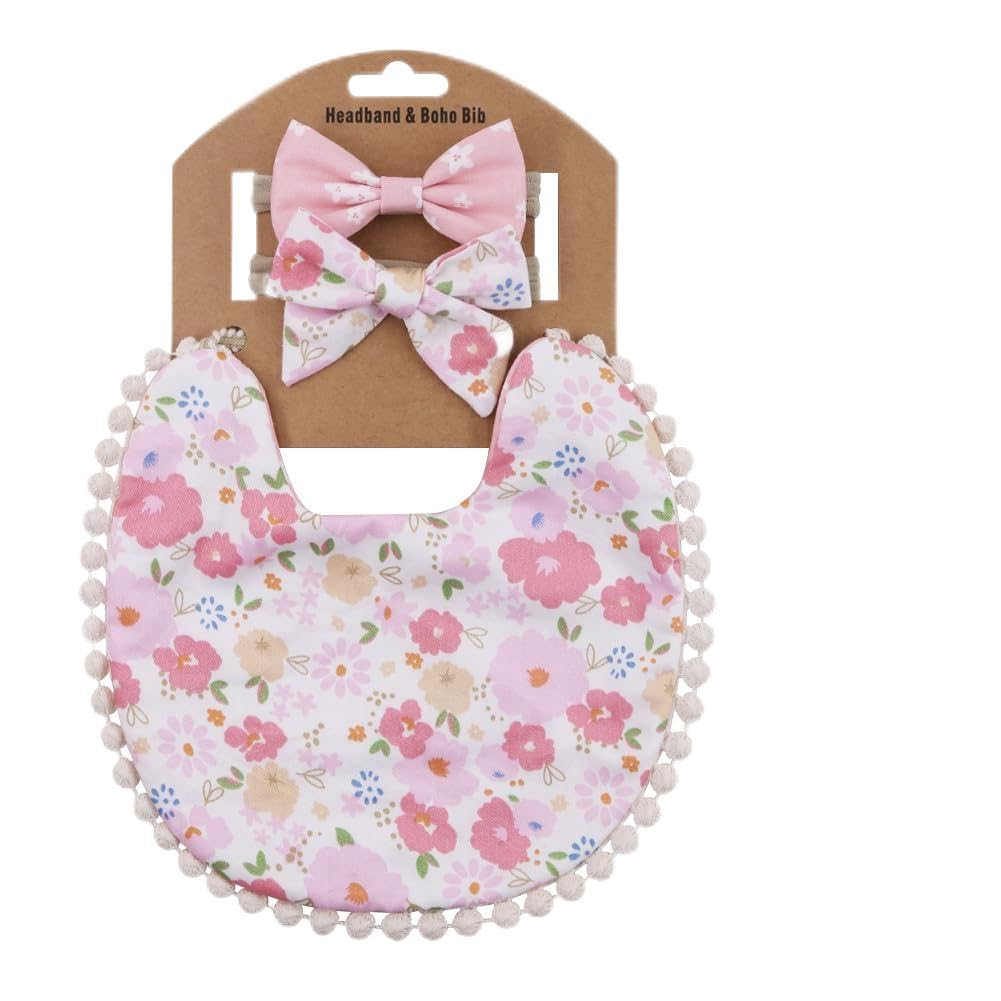 SNOWIE SOFT Feeding Bib Set for Baby Girls with 2Pcs Bow Hairbands featuring Tie Back Cotton Comfort | Ideal for 6 to 12 Months