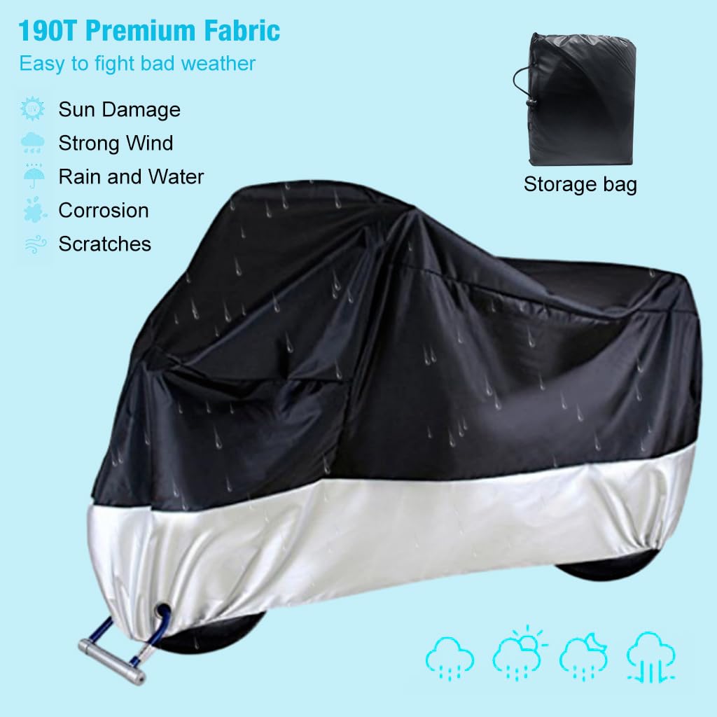 STHIRA® Motorcycle Cover,Motorbike Cover All Season Universal Weather Waterproof Sun Outdoor Protection with Lock-Holes & Storage Bag,XXL Motorcycles Vehicle Cover Use