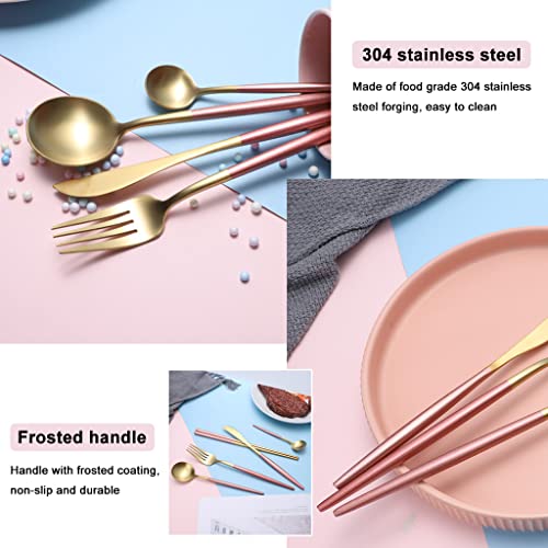 HASTHIP® 410 Stainless Steel Fork Spoon Coffee Spoon 4 Piece Set, Spoon Fork Outdoor Gift Set, Flatware with Gift Box Dinnerware Cutlery Set Tableware Set (Gold with Pink)