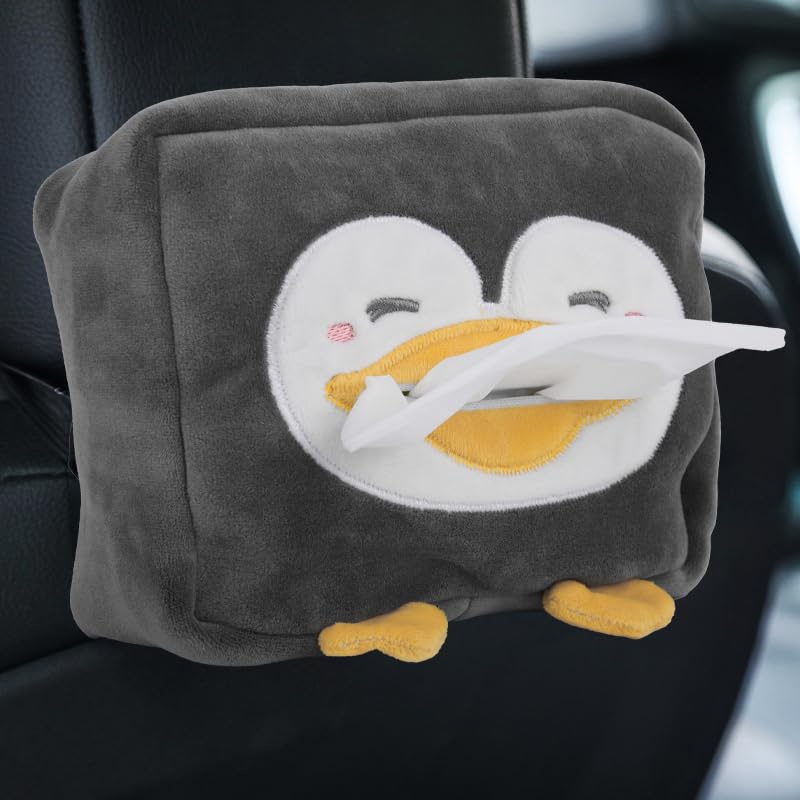ZIBUYU Car Tissue Paper Holder for Cars with Elastic Buckle and Back Zipper | Grey Cartoon Penguin Box