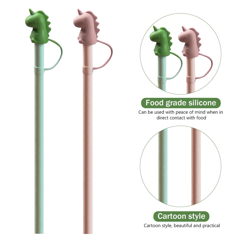 HASTHIP Silicone Straws for Water Bottles featuring 12 in Length and Cartoon Dino Cap | Kids Reusable BPA Free Set with Cleaning Brush