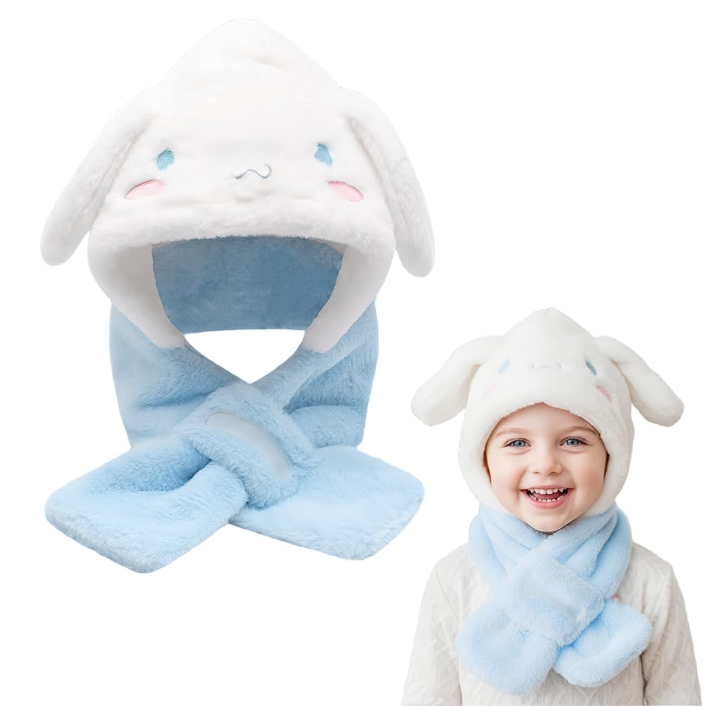 PATPAT Kids Scarf Cap Set for Winter with 2 in 1 Wrap Around Design | Blue White Fleece for Girls 4–13
