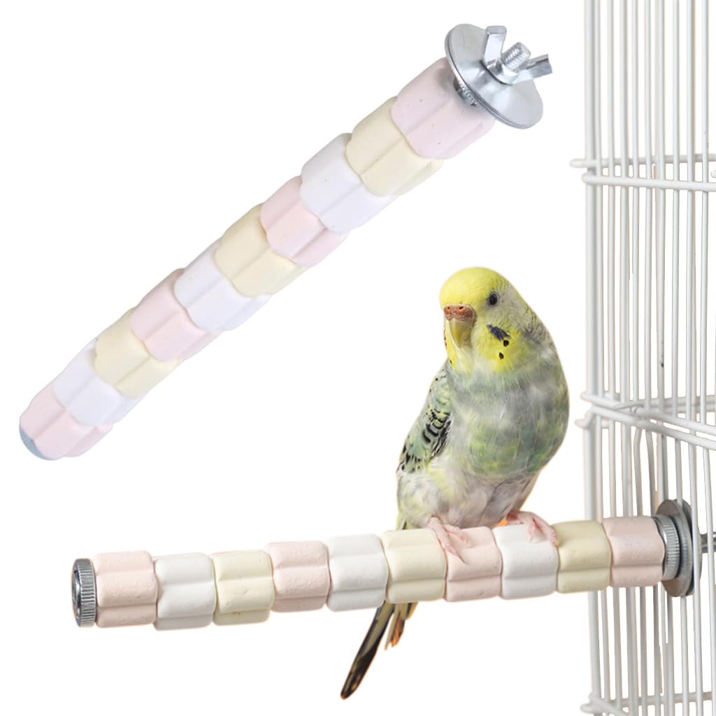 Qpets® Birds Perching Stick for Birds Cage 7.8'' Cute Marshmallows Perching Stick 2 in 1 Parrot Perching Stick Ceramic Claw Grinding Stick Screw Mounting Perching Stick for Birds Cage