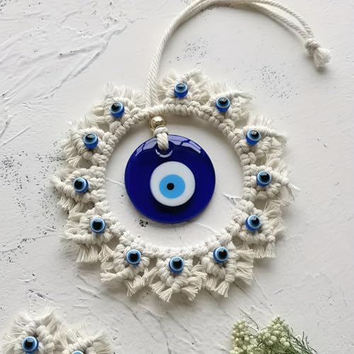 HASTHIP® Handmade Blue Evil Eye Charm Wall Ornament Macramé Cotton Rope Woven Round Resin Evil Eye Auspicious Wall Room Hanging Decor House Gift -17''