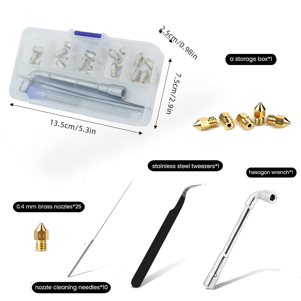 Serplex 3D Printer Nozzles Kit for Creality Ender 3 and CR 10 featuring 25pcs 0.4mm Brass