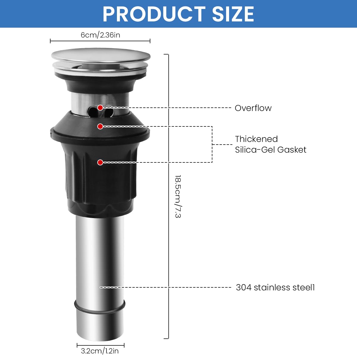 ZIBUYU Universal Pop Up Sink Drain Stopper for 1.3 in Basin Holes with Bounce Filter | Stainless Steel Plug for Kitchen and Bathroom