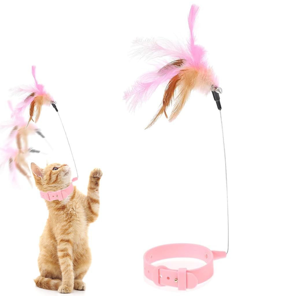 Qpets Cat Collar for Indoor Play with 23cm Steel Wire Feather Toy & Bell | Adjustable Rubber Fit 18–27cm