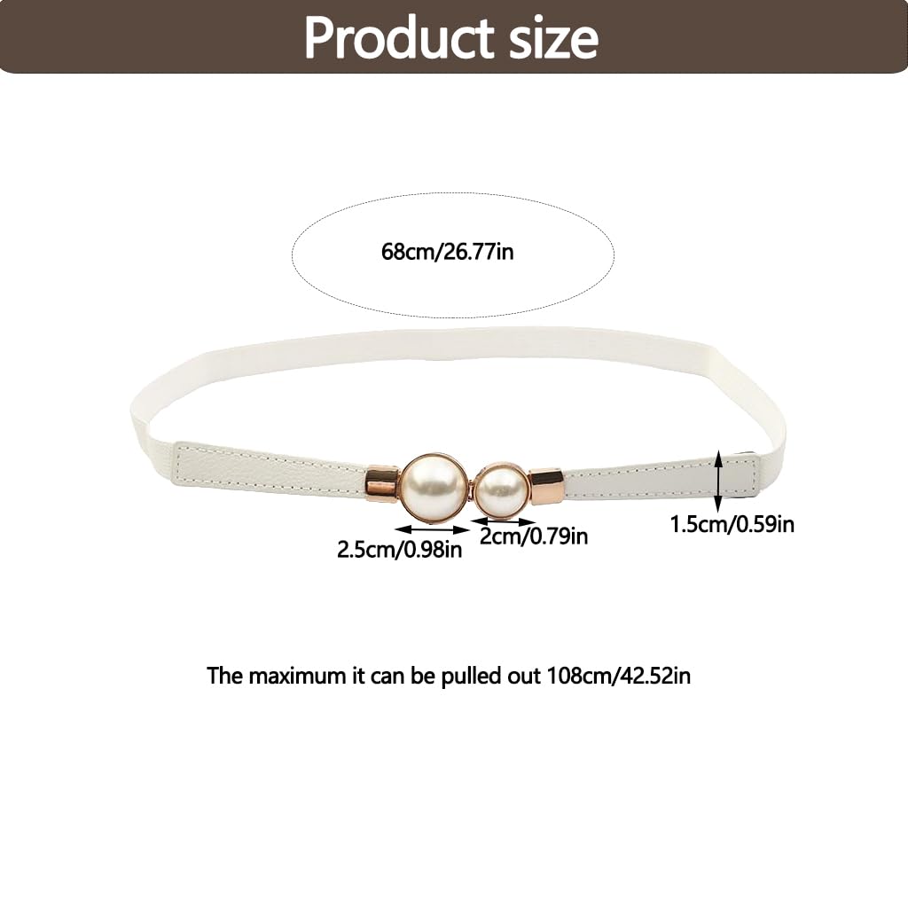 Zibuyu Women Skinny Waist Belt for Dresses with Gold Pearl Buckle 60–80cm Adjustable | White PU Faux Leather Elastic Design