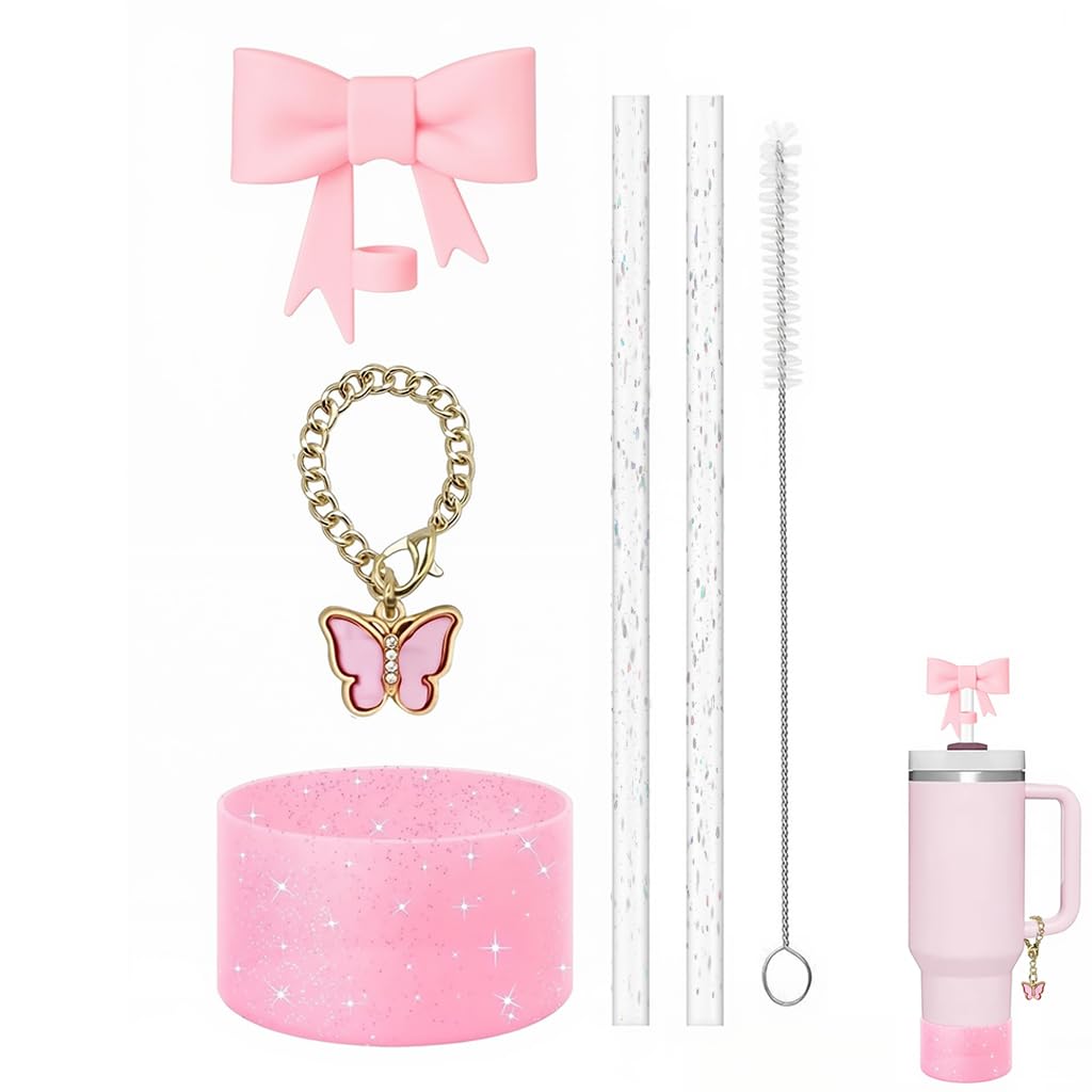 ZIBUYU Silicone Straw Cover Set for Stanley Cup with Spill-Proof Stopper 30x7x2cm | Pink Reusable Drinkware Accessory