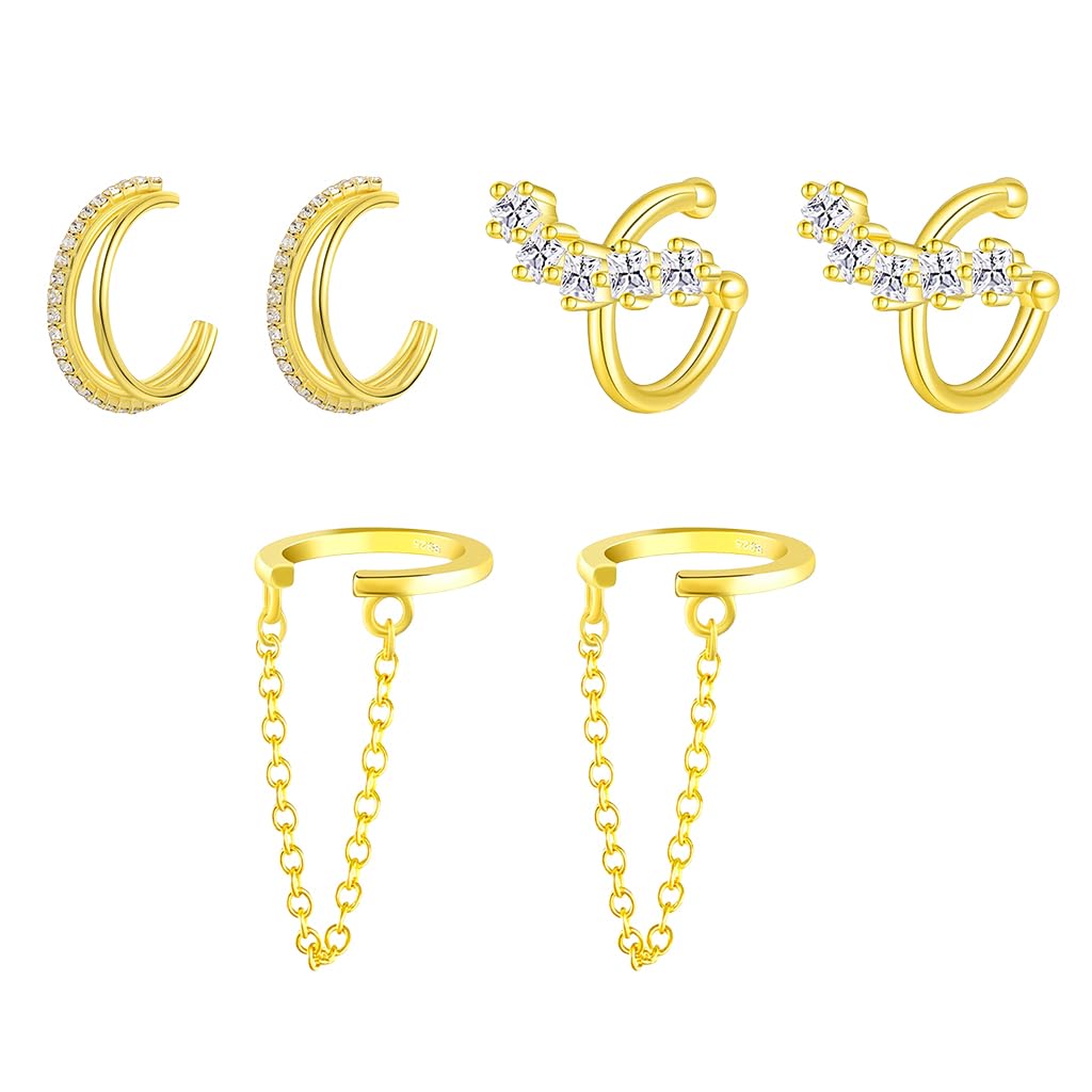 SANNIDHI Ear Cuff Earrings for Women featuring 3 Pairs Gold Cubic Zirconia Non Piercing Set | Hypoallergenic Gift Jewelry
