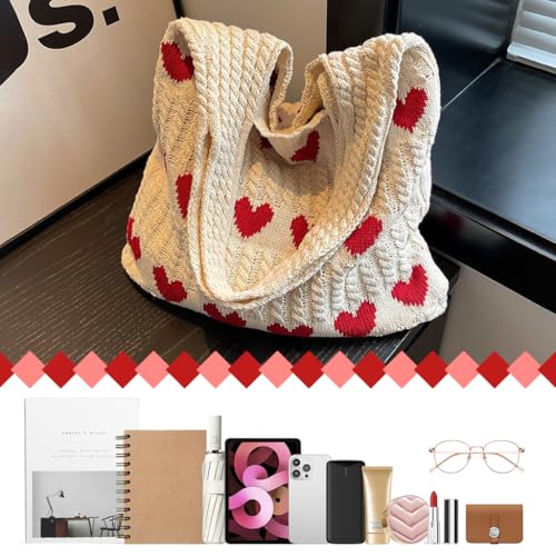 ZIBUYU® Crochet Heart Tote Bag for Women Girls Y2K Aesthetic Knit with Plush Charm Soft Spacious Hippie Beach Cream Red Hearts Ideal Work School Casual 2PCS