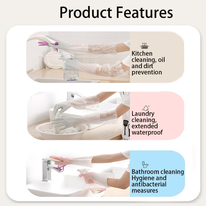 Zibuyu Latex Hand Gloves for Cleaning with Non Slip Daisy Pattern | Long Elbow Design