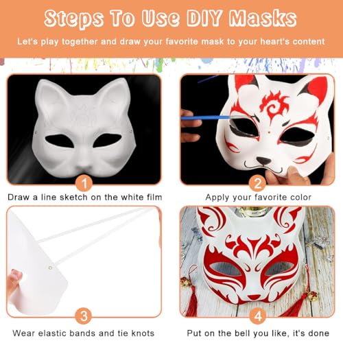 PATPAT® 10PCS Cat Mask Blank DIY Halloween White Graffiti Masquerade Face Mask with Acrylic Paints Brush Pens Tassle Charms Sakura Bell Charms