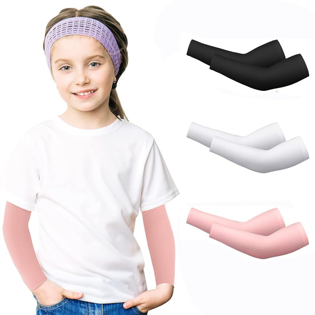 SNOWIE SOFT® 3 Pairs Kids Arm Sleeves Silk Arm Sleeves Sports Arm Sleeves for Sun Protection Kids Elastic Arm Sleeves Outdoor Kids Arm Sleeves for Kids 6-10 Years Old