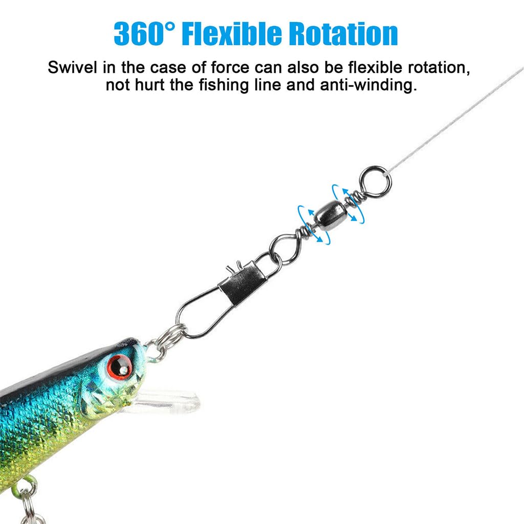 Proberos Fishing Rolling Ball Bearing Barrel Swivel with Safety Snap Connector 100PCS Set | Corrosion Resistant Accessories in 5 Sizes