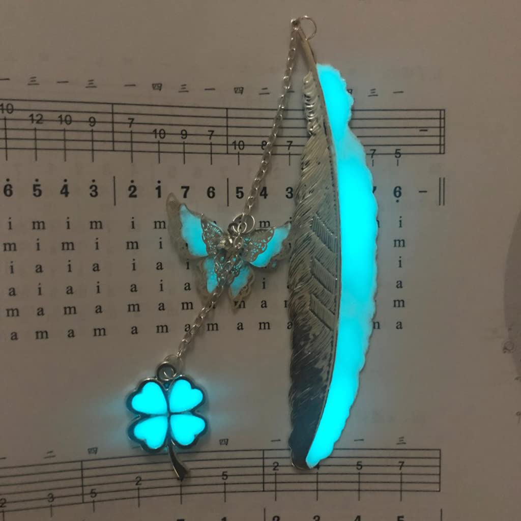 HASTHIP® Metal Feather Bookmark Glow in The Dark, Bookmarks for Books, 3D Silver Butterfly Four Leaf Clover Bookmarks, Bookmark Gift for Teachers Women Student, Mothers Day, Christmas