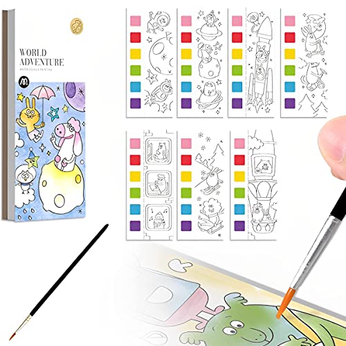 HASTHIP® Watercolor Painting Books for Beginners, Pocket Book with 1 Paint Brush, 20 Sheet Cartoon Watercolor Paint Book Gift for Kids Over 3+ Years Old, Hours of Painting Fun for Children (A)