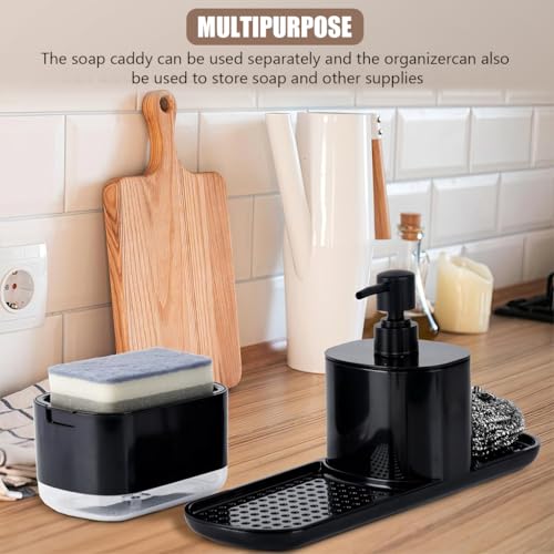 HASTHIP® Metal Kitchen Soap Dispenser Set with Sponge Drain Rack Tray and Dishcloth Holder Sink Countertop Pump for Bathroom Black 3 PCS