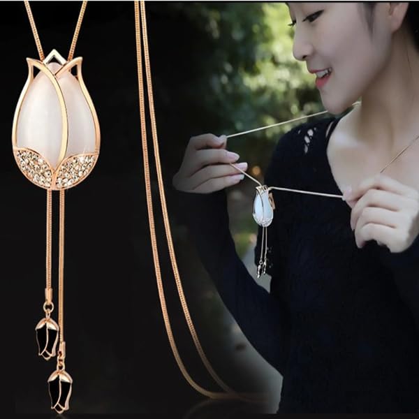 Zibuyu Rose Gold Opera Necklace for Women with Opal Tulip Pendant and Rhinestones | Elegant Accessory for Gowns and Dress Shirts