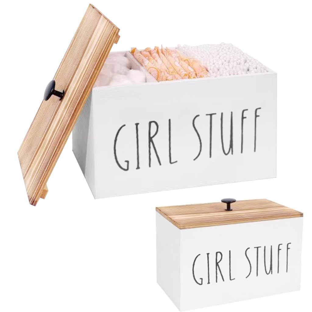 HASTHIP Sanitary Pads Storage Box 20x13x13cm for Girls with Lid and Wooden Organizer Design
