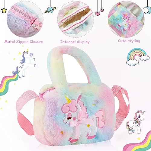 SANNIDHI® Unicorn Crossbody Bag with Jewelry Set for Girls Princess Plush Handbag Purse Beads Necklace Bracelet Earrings Rings Stickers Set 2PCS
