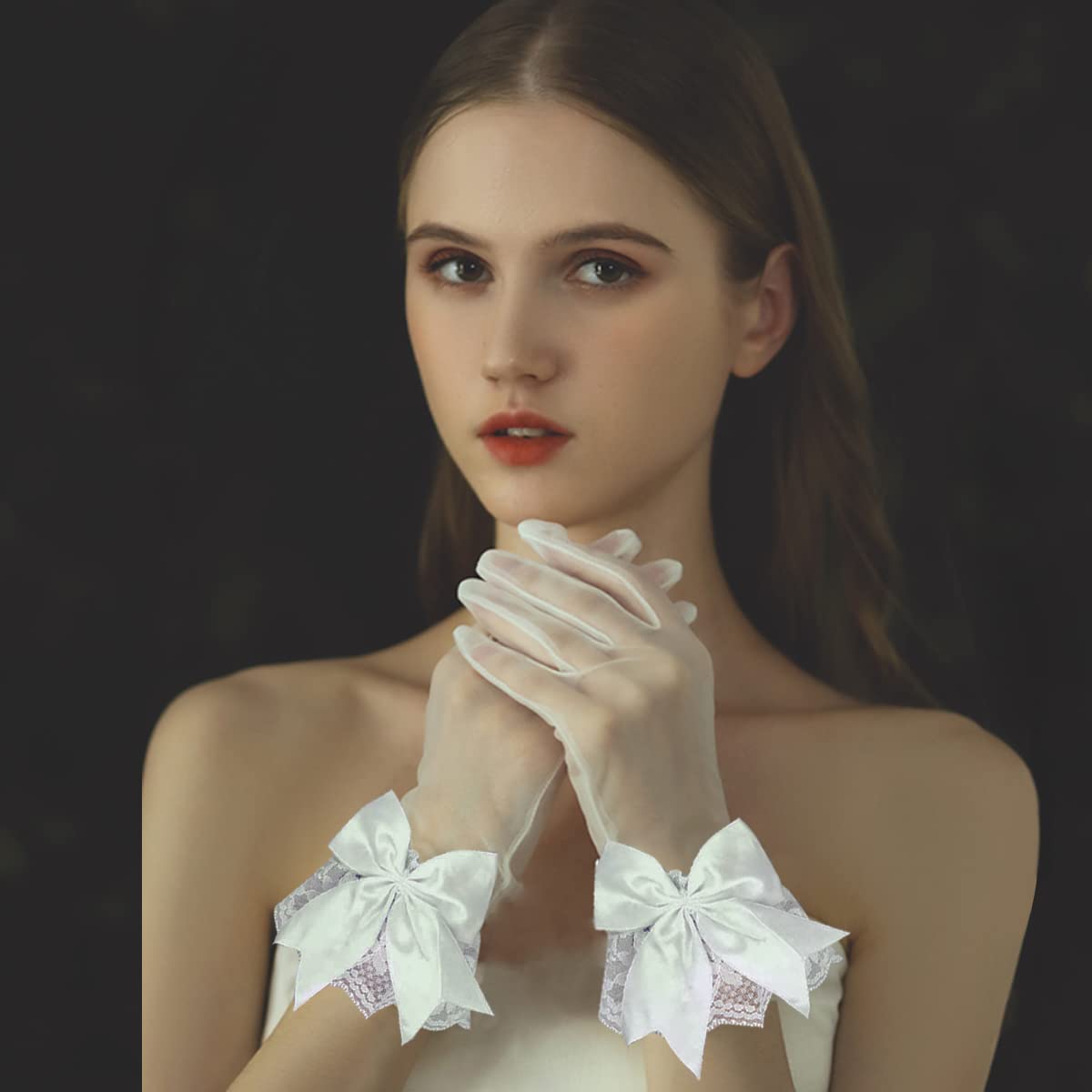PALAY Lace Gloves for Weddings and Parties featuring Butterfly Bow in White 25×8 cm | Elegant Bridal Accessory
