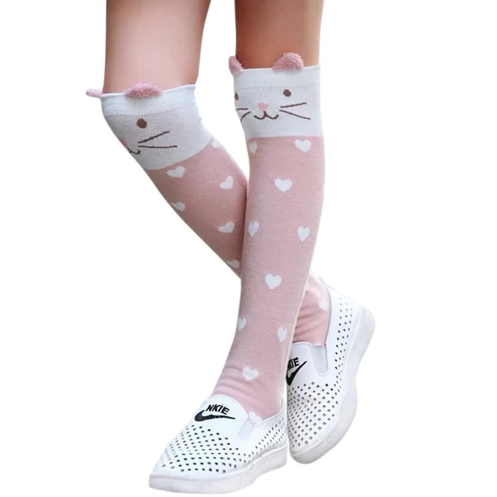 ZIBUYU Girls Cotton Knee High Socks Cute Kitty Winter Warm Long Socks for Girl Christmas Gift for Girls 3-12 Years Old Boot Socks, One Pair, Pink