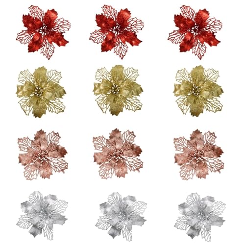 HASTHIP® 12 Pcs Christmas Tree Flower Ornaments, 4-Color Decorative Flowers for DIY Holiday Decor, Festive Christmas Holly Flower Ornament for Wreaths, Garland, Door, Window