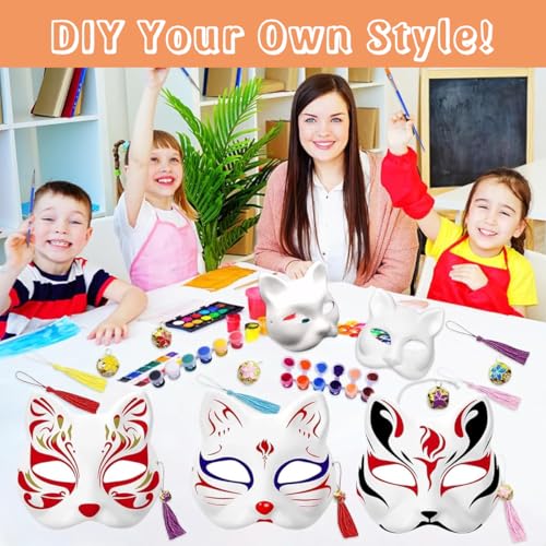 PATPAT® 10PCS Cat Mask Blank DIY Halloween White Graffiti Masquerade Face Mask with Acrylic Paints Brush Pens Tassle Charms Sakura Bell Charms