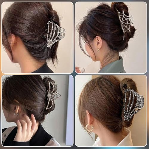 MAYCREATE® 3Pcs Gothic Hair Claw Clips for Women Girls, Skeleton Hand-shaped Punk Metal Claw Clip, Spider-shaped, Cobweb Metal Alloy Hair Clips Fashion Halloween Hair Accessories