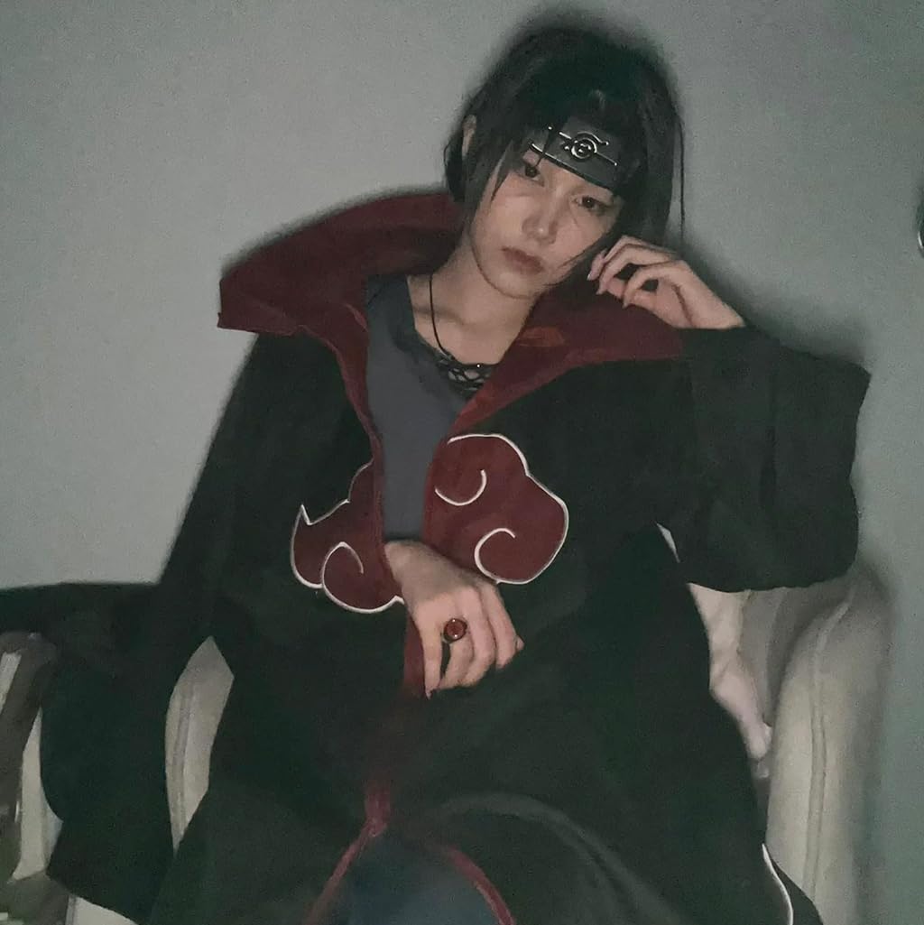 Venzina Hooded Akatsuki Cloak Itachi Uchiha Cosplay Costume for Party and Halloween | Includes Cloak Headband Ring Kunai Necklace Set for Height 165–170 cm