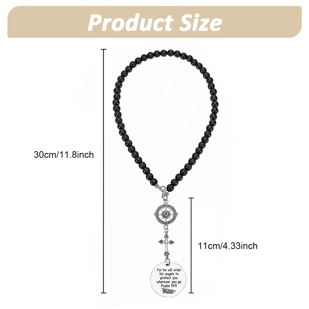 STHIRA Guardian Angel Cross Car Mirror Charm with Psalm Verse Beads and Compass Pendant 2PCS